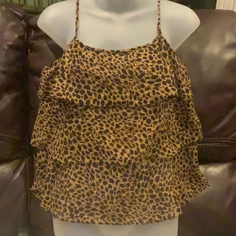 Zero Zero Leopard Print Sequin Tiered Tank Top Petite Large LP
